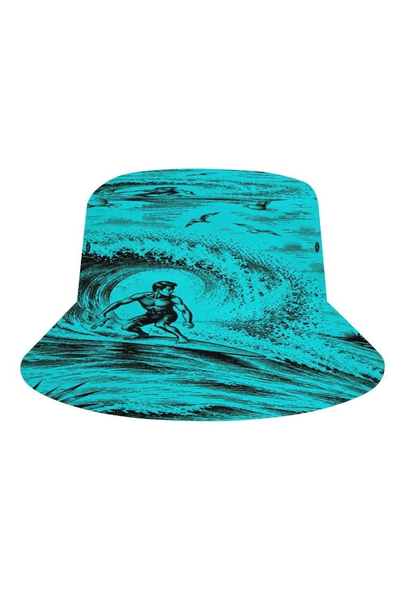 Surfer Wave Tropical Palm Scene Bucket Hat, Soft, Printed, Packable Fisherman Sun Hat for Beach Travel Hiking Vacation, Sun Hat for Women Men, One Size