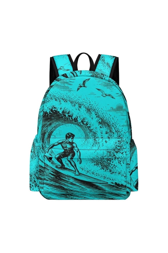 Surfer Wave Tropical Palm Scene Printed Oxford Backpack,  Large Capacity Laptop Backpack, Water Resistant, Travel Daypack for College Work Commuting Adults, 42x30x15cm