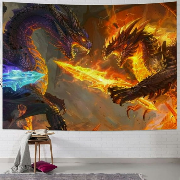 Creowell Tapestry Dragon Wall Tapestry Battle of Cool Flame Dragon and Purple Lightning Dragon Wall Hanging Tapestry Wall Art for Living Room, Bedroom, Dorm, Dragon Lover Gift Ideas 40x30inch