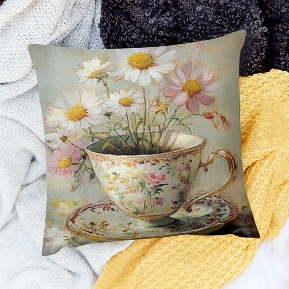 Creowell  Teacup Floral Throw Pillow Covers Watercolor Wildflowers Pillowcases Rustic Farmhouse Spring Summer Flower Cushion Covers for Sofa Couch Patio Porch 18x18in