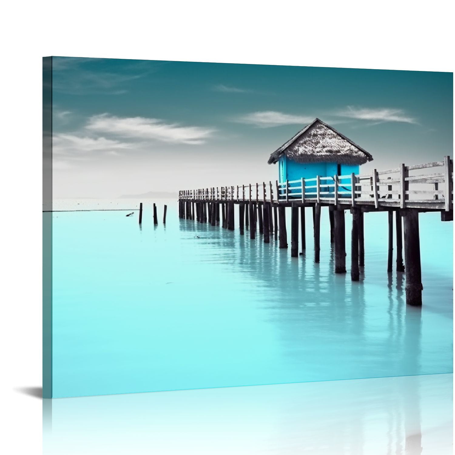 Creowell Teal Blue Coastal Canvas Wall Art for Bathroom, Black and ...