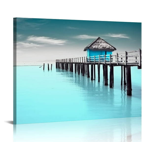 Creowell Teal Blue Coastal Canvas Wall Art for Bathroom, Black and White Beach Bridge Seascape Prints Picture Decor , Grey Nature Ocean Landscape Painting Artwork for Bedroom Living Room 20x16/16x12