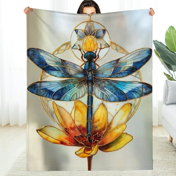 Creowell Teal Dragonfly Blanket Baby ,Groovy Lotus Floral Throw Blanket,Aesthetic Insect Fuzzy Blankets for Kids Teens Adults 40*50in