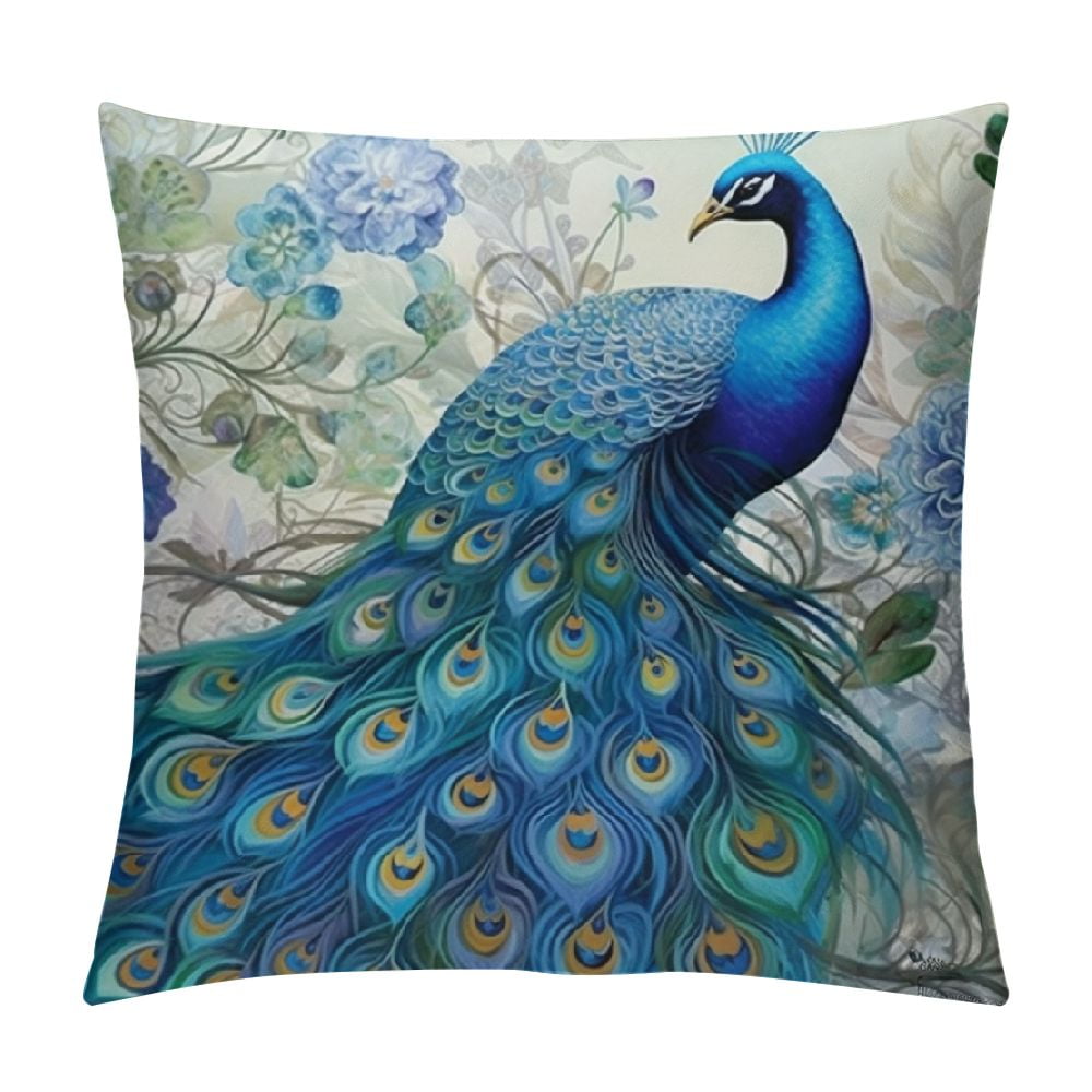 Creowell Teal Peacock Throw Pillow Covers, Watercolor Blue Teal Vintage