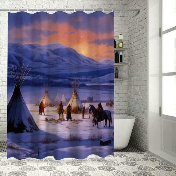 Creowell Teepees Mountains Snow Pretty Shower Curtain Set 100% Polyester Chic Modern Bathroom Decor with Hooks 69x72