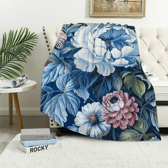 Creowell Throw Blanket Blue & White Mediterranean Vintage Floral Flannel Cozy Warm Lightweight Throw Blanket Vintage Style Flower Heart Bird Navy Blue White Blanket for Couch Sofa