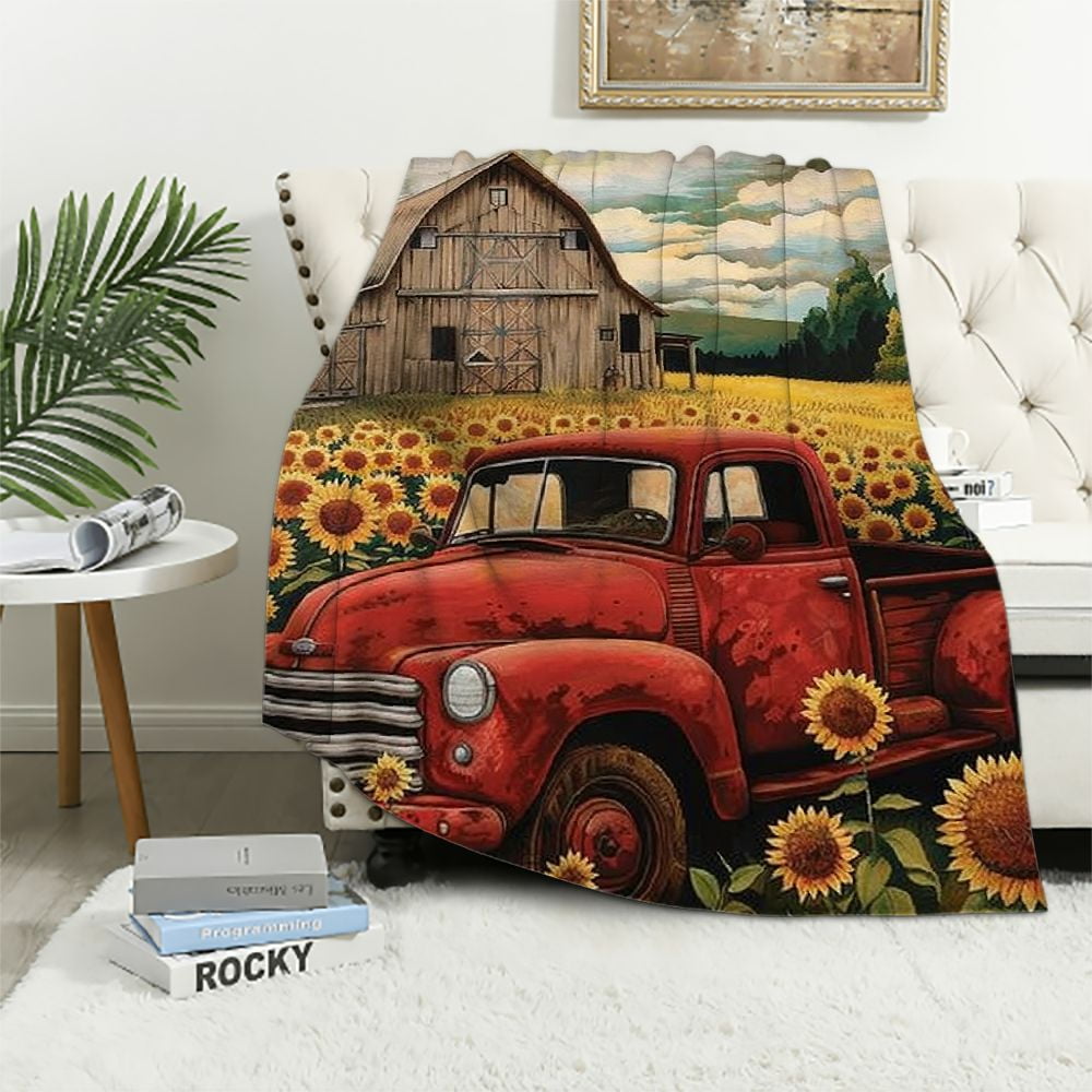 Creowell Throw Blanket Rustic Sunflower Vintage Red Truck Throw