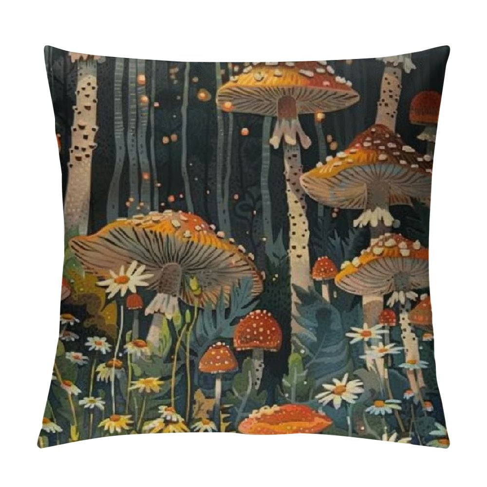 Creowell Throw Pillow Cover 70s Vintage Cute Abstract Mushrooms