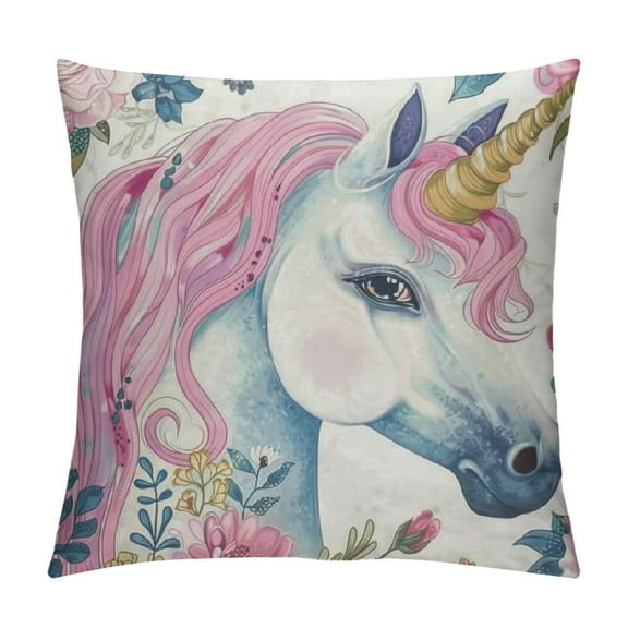 Creowell  Throw Pillow Cover Animal Cute Unicorn Pink Purple Blue Wavy Hair in Garland Spring Flowers Leaf Decor Lumbar Pillow Case Cushion for Sofa Couch Bed