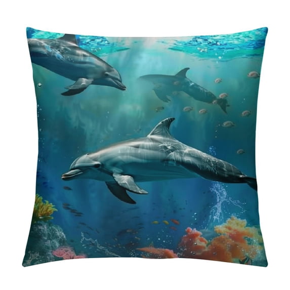 Creowell Throw Pillow Cover Beautiful Underwater Dolphins Coral Fish Home Decor Pillowcase for Sofa White