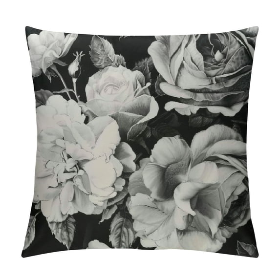Creowell Throw Pillow Cover Black and White with Floral Bouquet of Roses Daisy Blue Wild Flowers in Vintage Style Watercolor Decorative Pillow Case Home Decor Square Pillowcase White