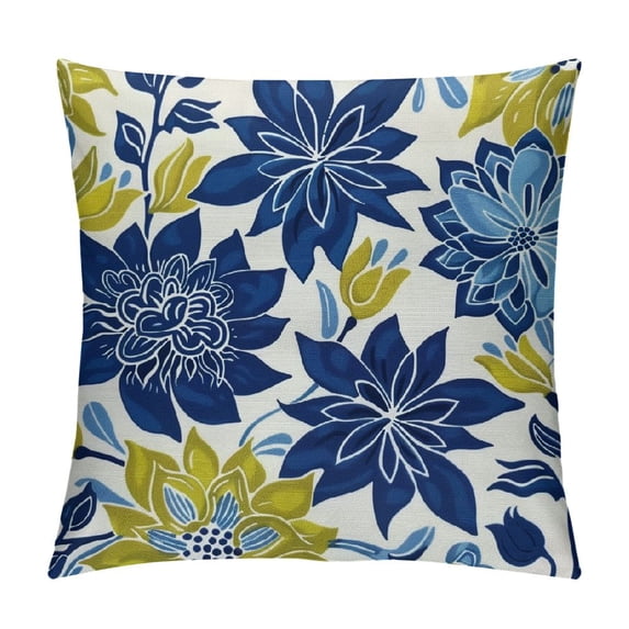 Creowell Throw Pillow Cover Farmhouse Decorative Pillow Cover Green Spring Flower Blue Yellow and Navy Chrysanthemum Brown Square Cushion Covers Sofa Bed Décor White