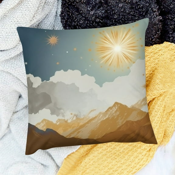 Creowell Throw Pillow Cover Mountain Sun Sky Farmhouse Decor 100% Linen 18x18in