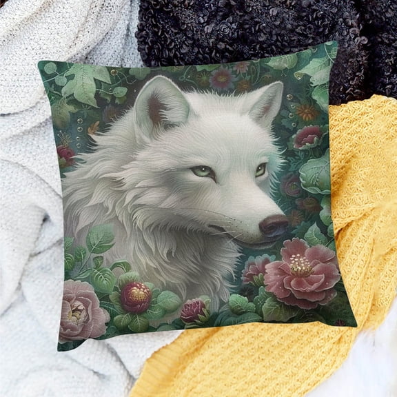 Creowell Throw Pillow Cover Wolf Flowers Fantasy Art Decor 100% Linen 18x18in