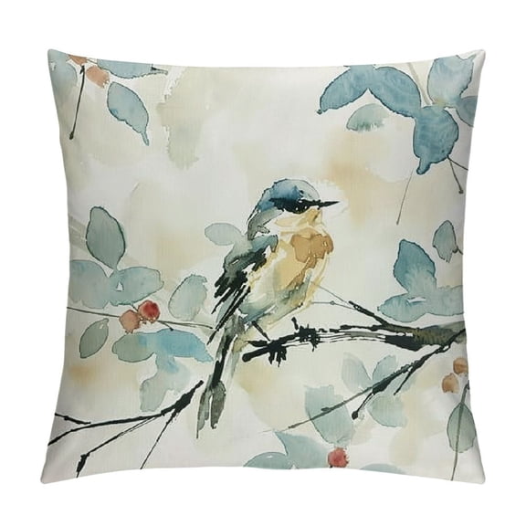 Creowell Throw Pillow Covers Fall Farmhouse  Birds Leaves Print Green Decorative Pillows for Couch Outdoor Pillows Case, for Living Room Bedroom Cushion Covers for Home Decor