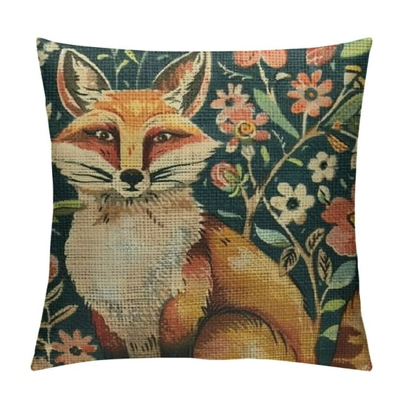 Creowell Throw Pillow Covers Fox Natural Wildlife Composition with Cute Foxes Ornate Flowers Flying Birds Boys Nursery Multicolor Decorative Square Pillowcases Cushion Cover White