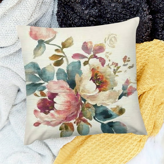 Creowell   Throw Pillow Covers Navy Anemone Dusk Blue Pale Pink Gray White Watercolor Floral Cushion Pillow Case Home Decor Pillowcase   18x18in