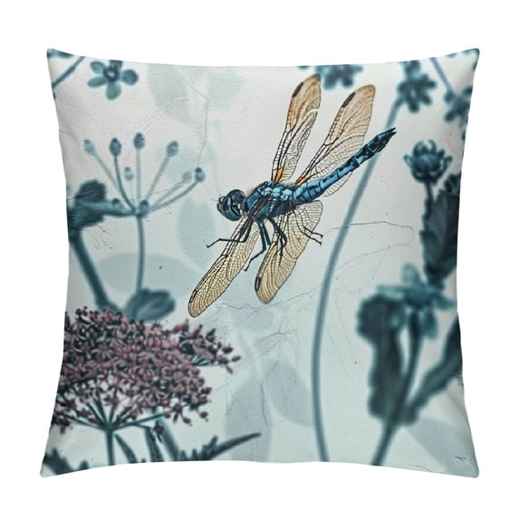 Creowell Throw Pillow Covers Vintage Blue Dragonfly Flowers Leaves Design Square Pillowcase for Home Decor Sofa Car Bedroom Pillow case 12x12in