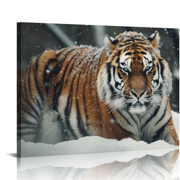 Creowell Tiger Snow Zoo Print Canvas Wall Art Home Decor Ready To Hang 16x12in