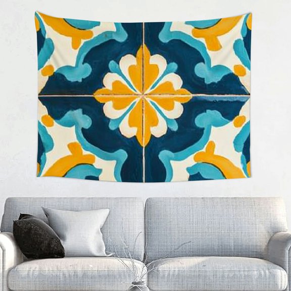 Creowell Tile Pattern Blue Background Yellow Accents Wall Tapestry 40x30in