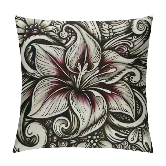 Creowell Traditional Throw Pillow Cushion Cover, Colorful Floral Pattern Arrangement Nature Inspired Abstract, Decorative Square Accent Pillow Case, Maroon Black White