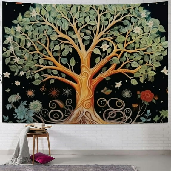 Creowell Tree of Life Tapestry Boho Floral Green Plant Tapestries Wall Hanging Star Art Nature Flower Aesthetic Tapestry for Bedroom Dorm Living Room 40x60inch