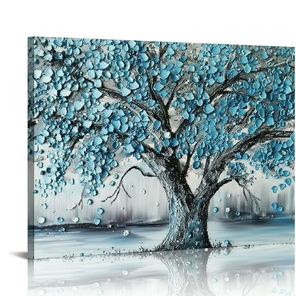Creowell  Tree Wall Art Teal Blue Nature Tree of Life Abstract Canvas Painting  Picture, Modern Artwork Framed for Living Room Bedroom Bathroom Office Home Decor  20x16in