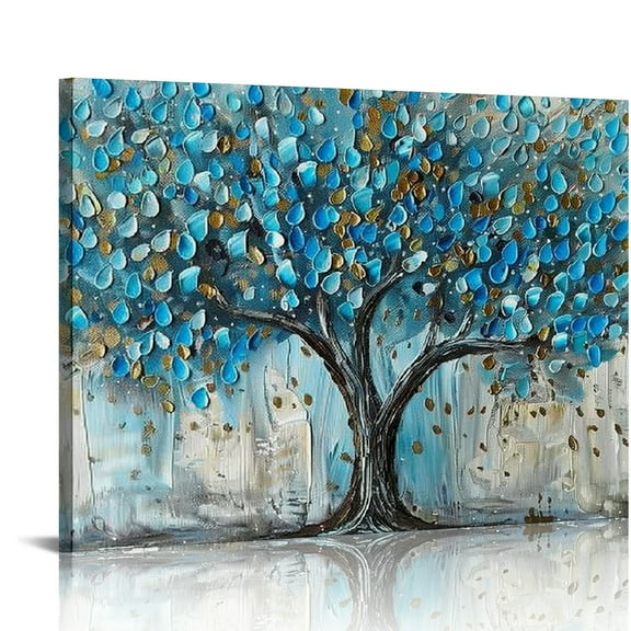 Creowell Tree Wall Art Teal Blue Nature Tree of Life Canvas Painting Textured Picture, Modern Landscape Artwork for Living Room Bedroom Bathroom Office Home Decor 20x16 in/16x12 in