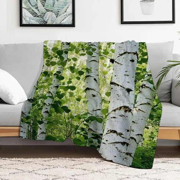 Creowell Trees Green Leaves White Bark Flannel Blanket Cozy Gift 30x40in