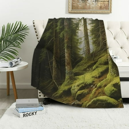 Creowell Trees Moss Rocks Print Throw Blanket for Bed Couch Car Adults Kids Super Soft Blanket All Seasons Excellent Hand Feel 40x50in