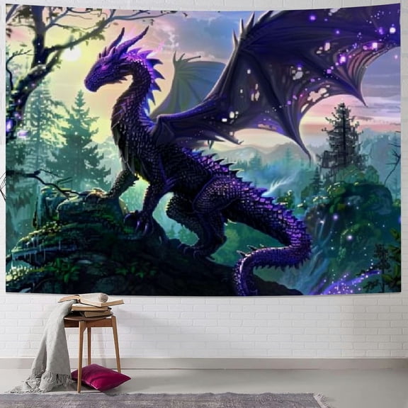 Creowell  Trippy Purple Dragon Tapestry, Magic Forest Tapestry for Bedroom Aesthetic, Medieval Fantasy Animals Cool Dragon Tapestry Wall Hanging for Men,Boys, Living Room Dorm Decor 40x30inch