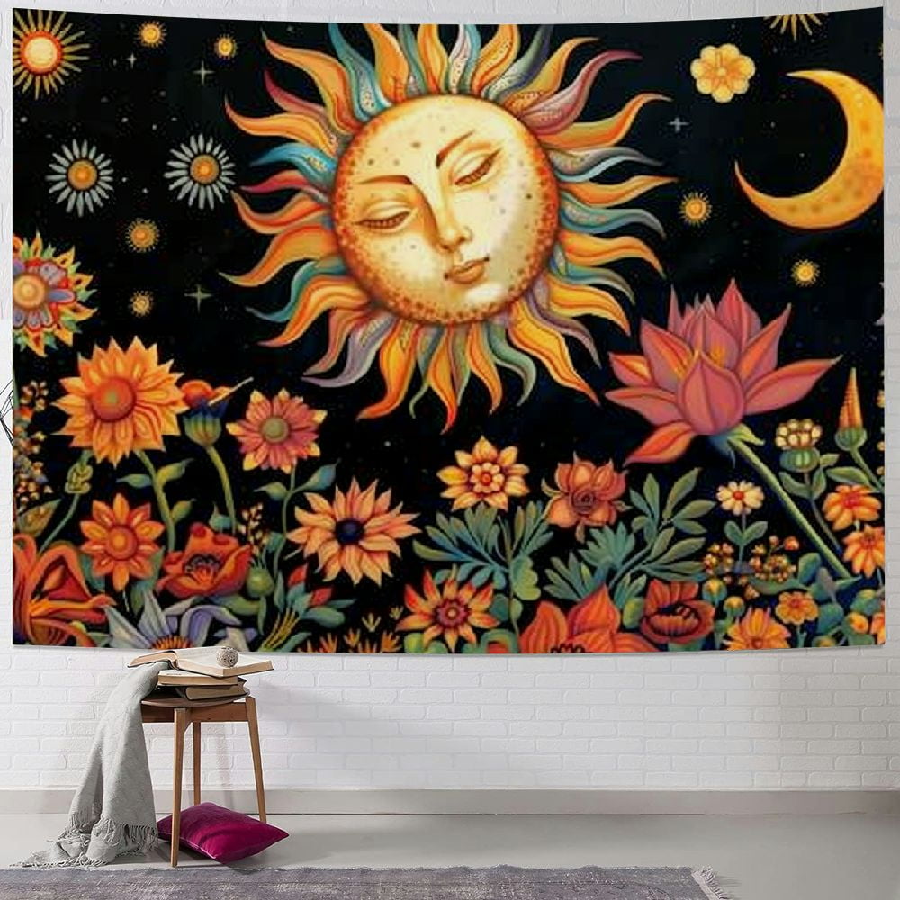 Creowell Trippy Sun Tapestry Vintage Aesthetic Flower Tapestry Hippie ...