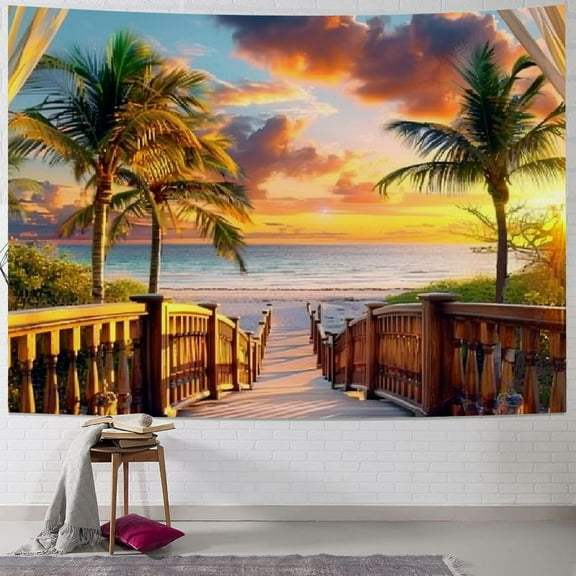 Creowell  Tropical Balcony Sea Beach View Tapestry Seaside Wood Bridge Sunset Sunshine Curtain Wall Hangings Tapestry for Meditation Bedroom Living Room Dorm 40x30inch