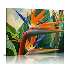 Creowell Tropical Flower Canvas Wall Art Bird of Paradise Pictures Paintings Hawaii Themed Green Palm Leaf Home Decor Framed 20x16in