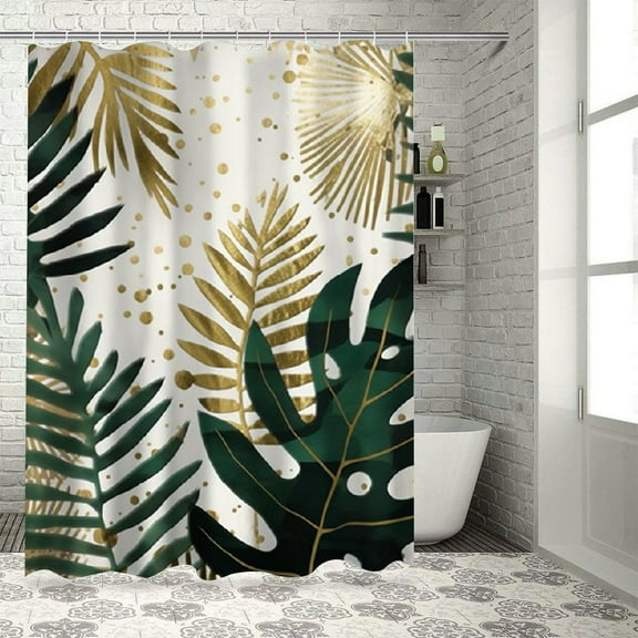 Creowell  Tropical Palm Leaves Bathroom Shower Curtain ， Monstera Emerald Green Gold Plant Botanical Abstract Polyester Fabric Hooks Waterproof Decor 36x72