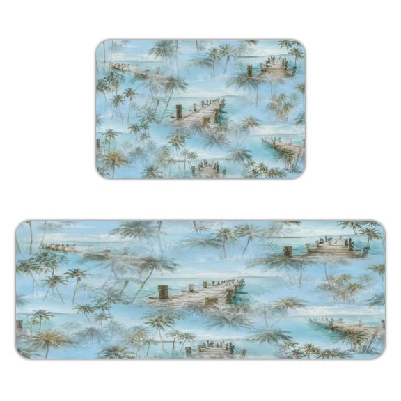 Creowell Tropical Pier Palm Ocean Pattern (1) Kitchen Mats for Floor, Sets of 2, Soft Washable, Clear Print, Non Skid Waterproof Kitchen Rug for Sink Floor Sink Laundry Bar Office Room Home Cooks
