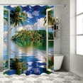 thumbnail image 1 of Creowell  Tropical Shower Curtain, Rippling Sea Palms and Exotic Village Scene Through Open Window, Cloth Fabric Bathroom Decor Set with Hooks,  Green and Sea Blue White, 1 of 7