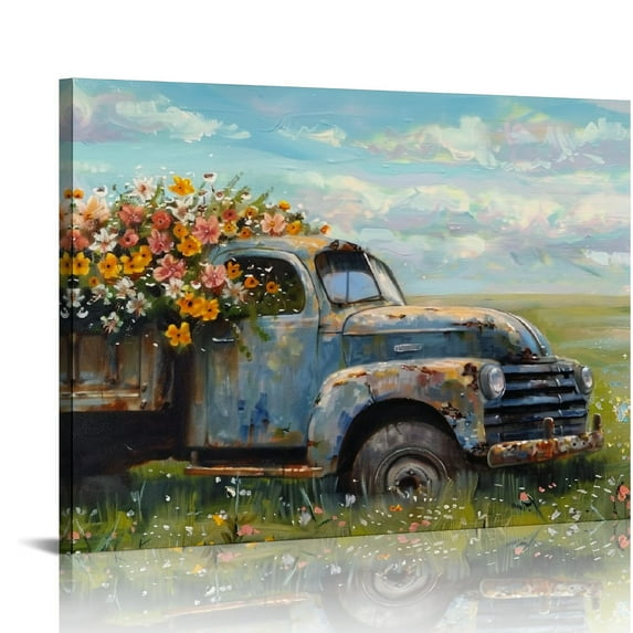 Creowell Truck Framed Wall Art Decor: Rustic Farmhouse Wooden Picture Country Blue-brown Car Painting Blue Sky and Wild Flowers Landscape Prints Artwork for Bedroom Kitchen 20x16in