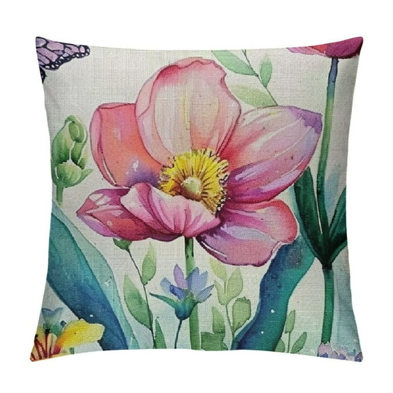 Creowell Tulip Pillow Covers Spring Lumbar Pillow Cover Pink Floral Pattern, Butterfly Flowers Throw Pillows for Couch Sofa Seasonal Home Front Door Porch Chair Car Decorative Pillowcase 18x18in