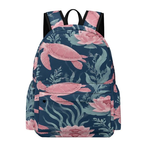 Creowell Turtle Coral Lotus Pattern Printed Oxford Backpack, Large Capacity Laptop Backpack, Water Resistant, Travel Daypack for College Work Commuting Adults,