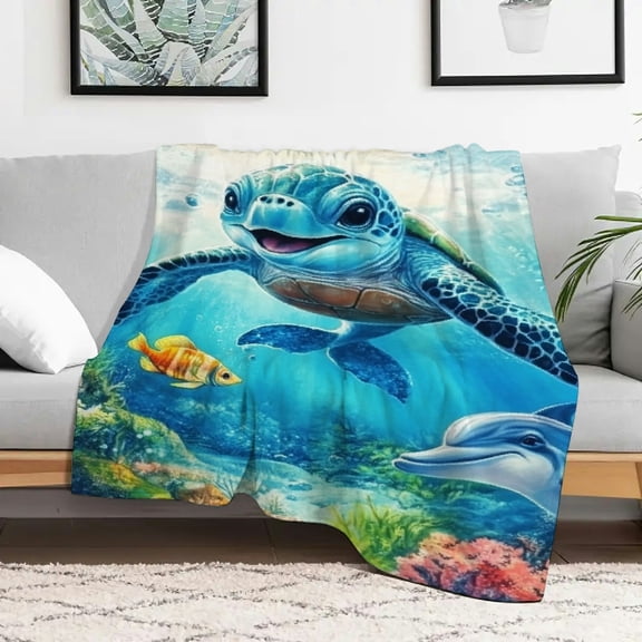 Creowell Turtle Dolphin Ocean Flannel Blanket Soft Warm Lightweight 30x40in