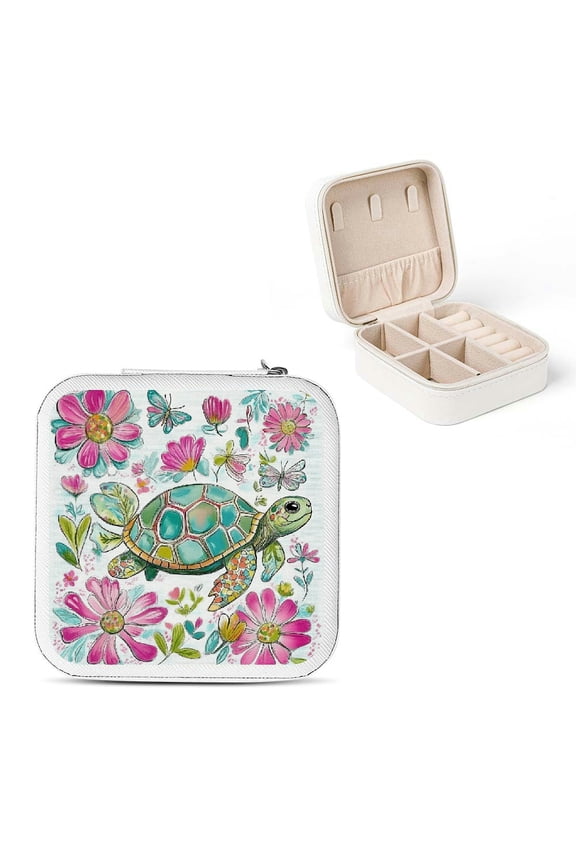 Turtle Flowers Butterflies Jewelry Box for Necklaces Rings White