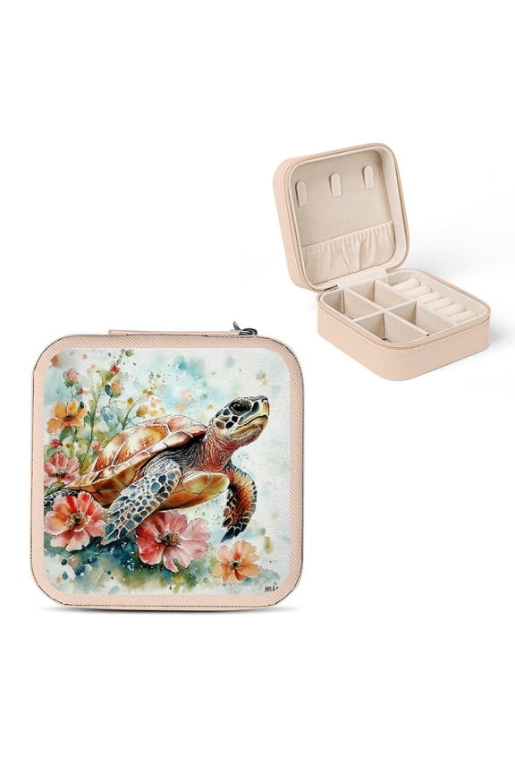 Turtle Flowers Watercolor Travel Jewelry Case Organizer with Necklace, Ring, Earring Storage - Compact Size, Versatile Design, Zipper Closure Pink