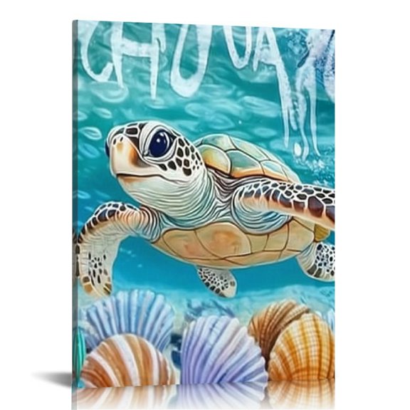Creowell Turtle Ocean Seashells Canvas Print Wall Decor for Home Living Room Bathroom Bedroom Office, Perfect Gift for Various Occasions 16x20in