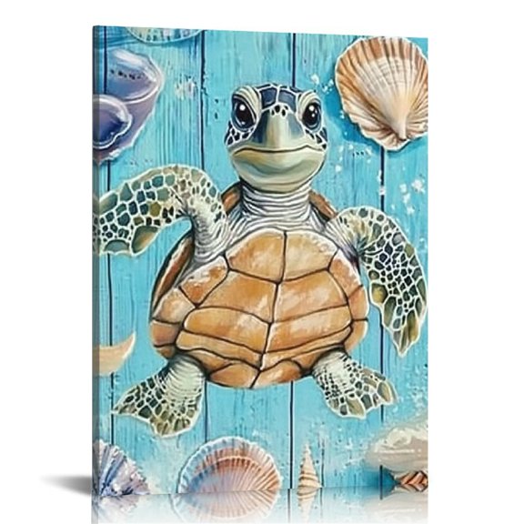 Creowell Turtle Seashells Wooden Background Canvas Prints Wall Art 16x20in