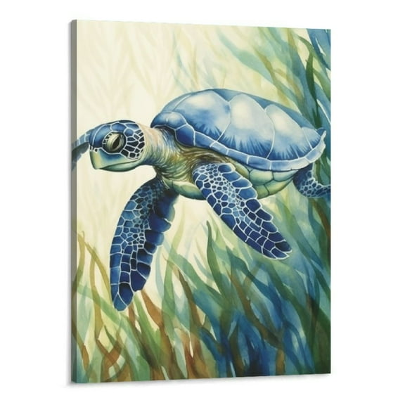 Creowell Turtle in Seagrass II Canvas Wall Art Print, Sea Turtle Home Decor Artwork-16x20inch