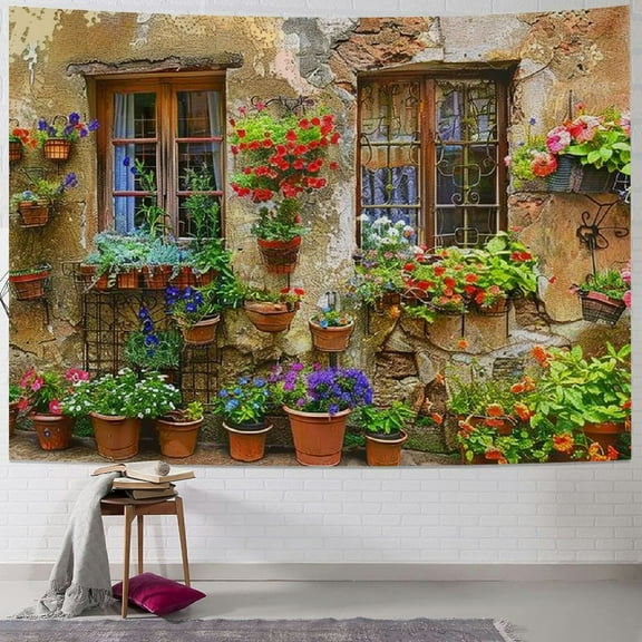 Creowell Tuscany Tapestry Italy Old Stone Wall Flowers Windows Tapestry Decor Wall Hangings Large Tapestry for Bedroom Living Room Dorm Man Cave 40x60inch