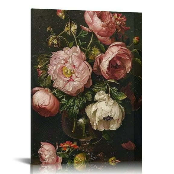 Creowell Two Vintage Framed Wall Art, Peony and White Flower Painting Decor Aesthetic, Small Canvas Print Artwork, Retro Floral Wall Pictures for Bedroom Barthroom Living Room 12x16 in