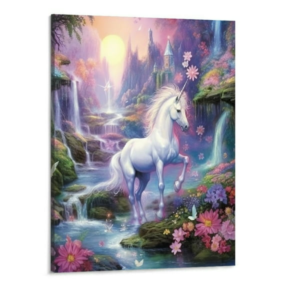 Creowell Unicorn Canvas Wall Art Colorful Unicorn Elf Peacock Castle Pictures Print Framed Unicorn Decor For Girls Princess Room Modern Home Artwork Unicorn Painting For Nursery Girl Bedroom 16x20 In