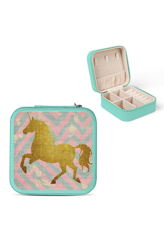 Unicorn Chevron Travel Jewelry Box for Necklaces Rings Earrings Green